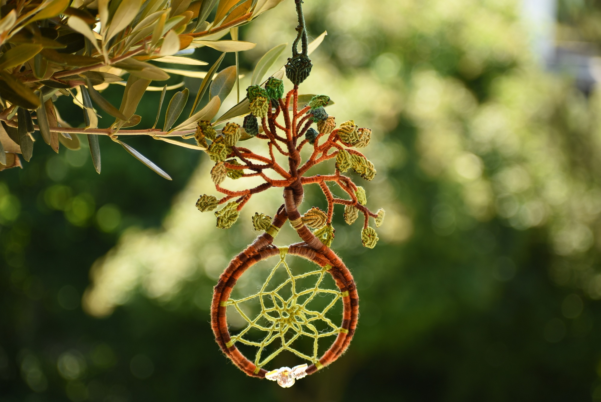 Handmade dreamcatcher hanging on a tree